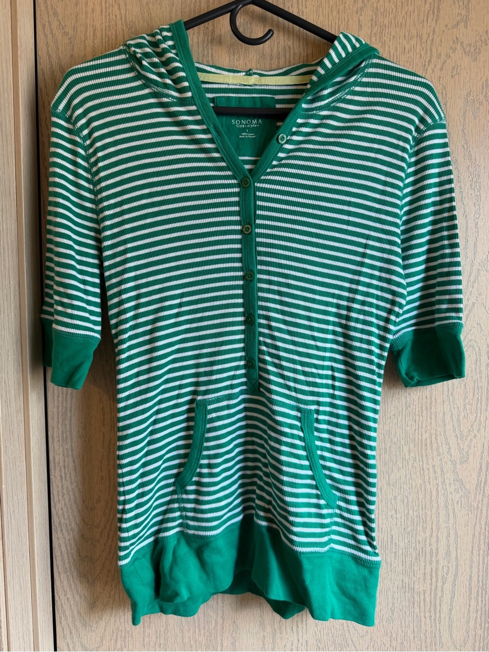 Sonoma Green & White Striped Hooded Top